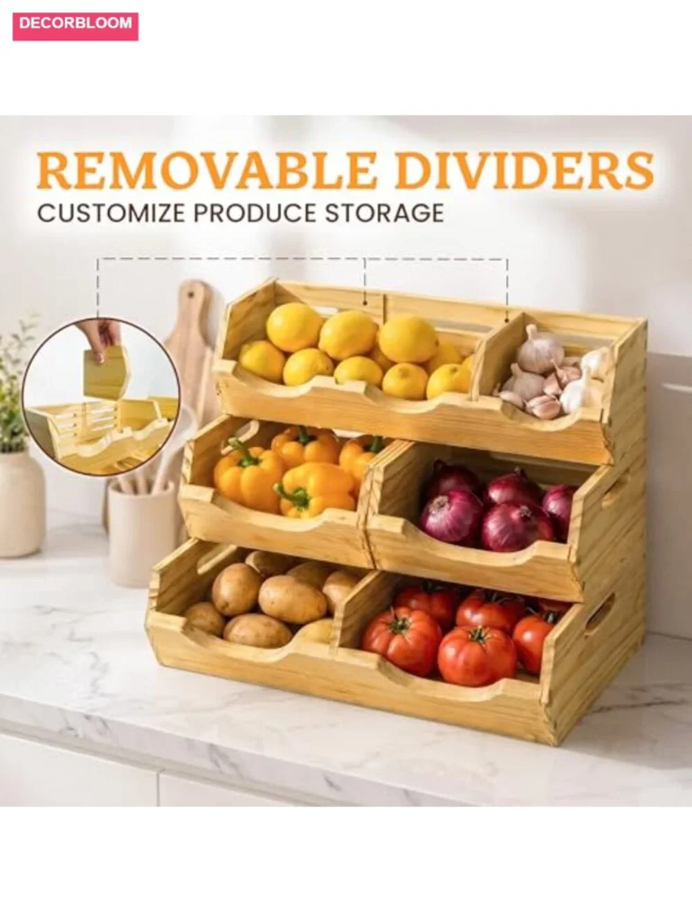 Wood Storage Bin 3-Tier Stackable Ventilated Potato Onion Organizer Pantry